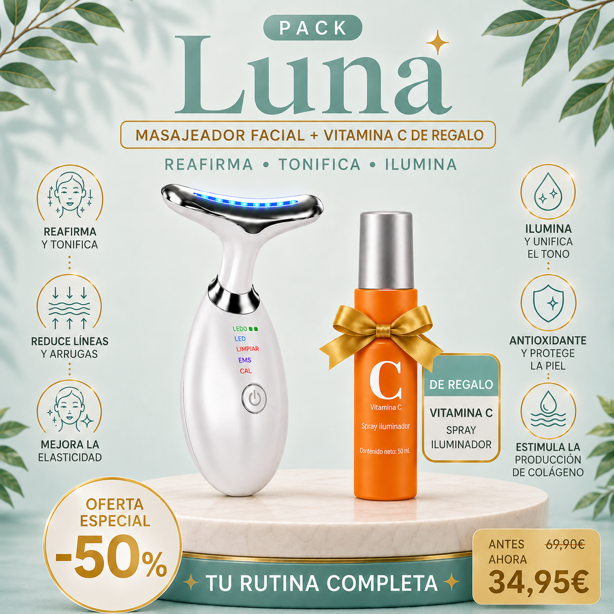 Masajeador Luna, Terapia de luz roja EMS + Bruma Vitamina C